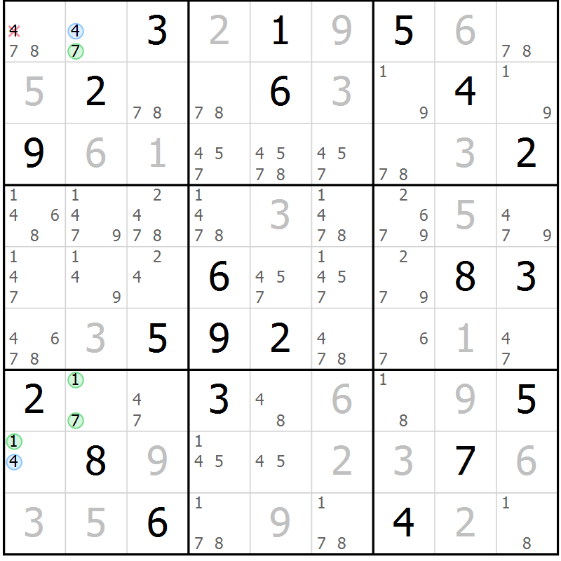 Position des candidats pour la solution de la Gr 80 page 83 du magazine de sudoku Maestro n° 097