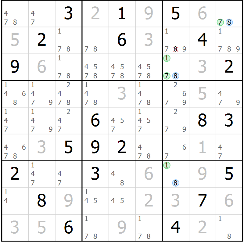Position des candidats pour la solution de la Gr 80 page 83 du magazine de sudoku Maestro n° 097