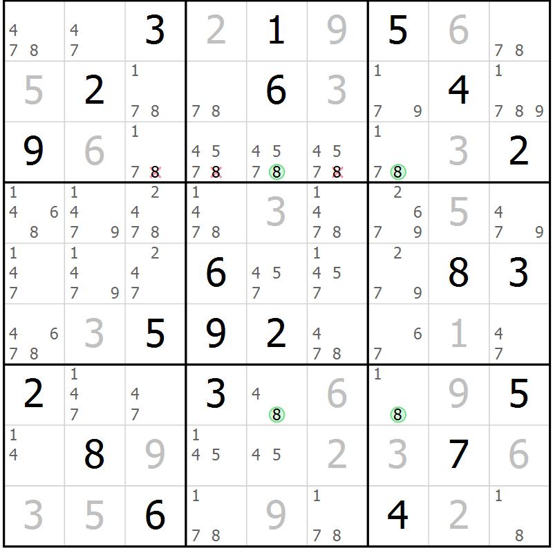 Position des candidats pour la solution de la Gr 80 page 83 du magazine de sudoku Maestro n° 097