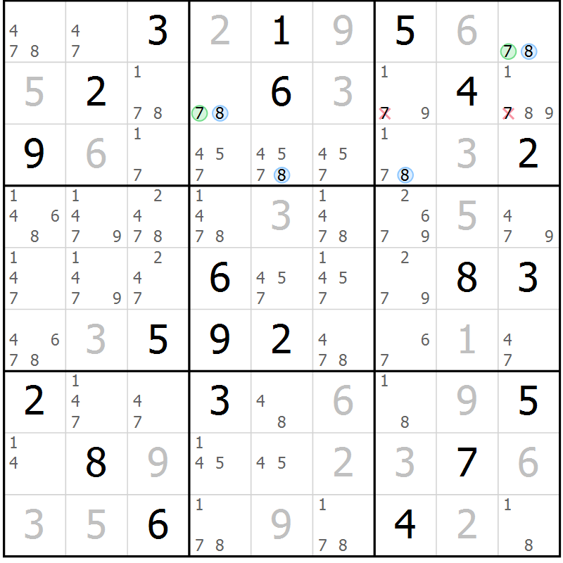 Position des candidats pour la solution de la Gr 80 page 83 du magazine de sudoku Maestro n° 097
