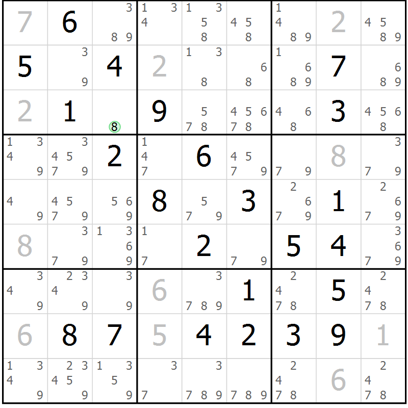Position des candidats pour la solution de la Gr 81 page 84 du magazine de sudoku Maestro n° 097
