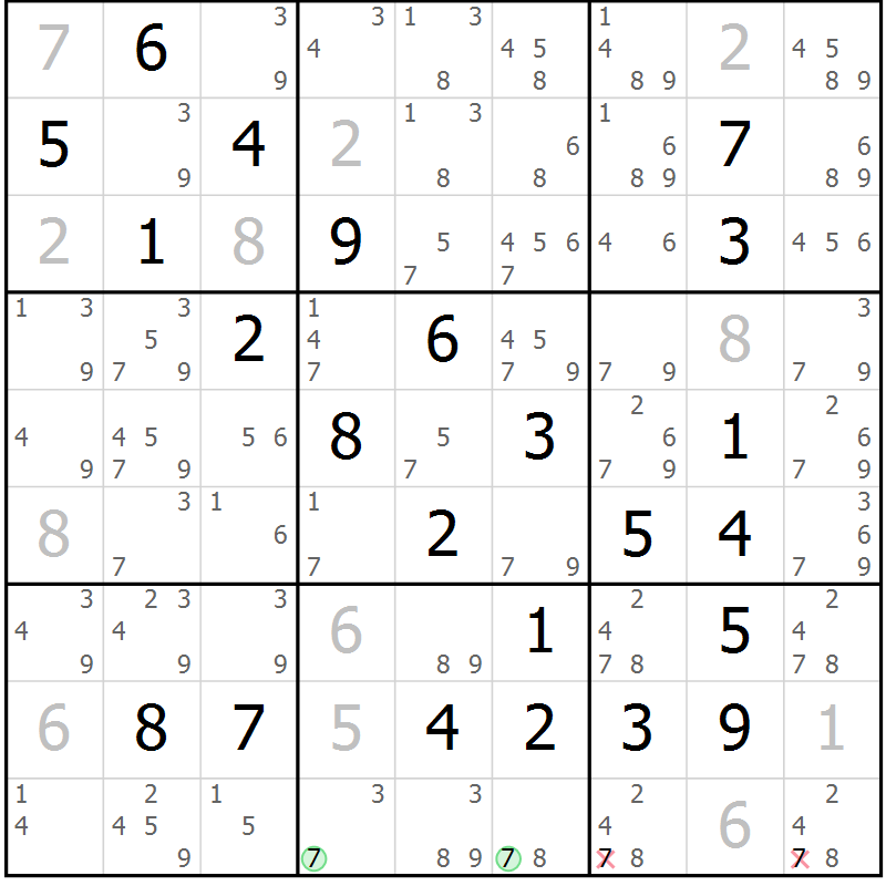 Position des candidats pour la solution de la Gr 81 page 84 du magazine de sudoku Maestro n° 097