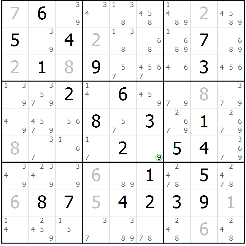 Position des candidats pour la solution de la Gr 81 page 84 du magazine de sudoku Maestro n° 097