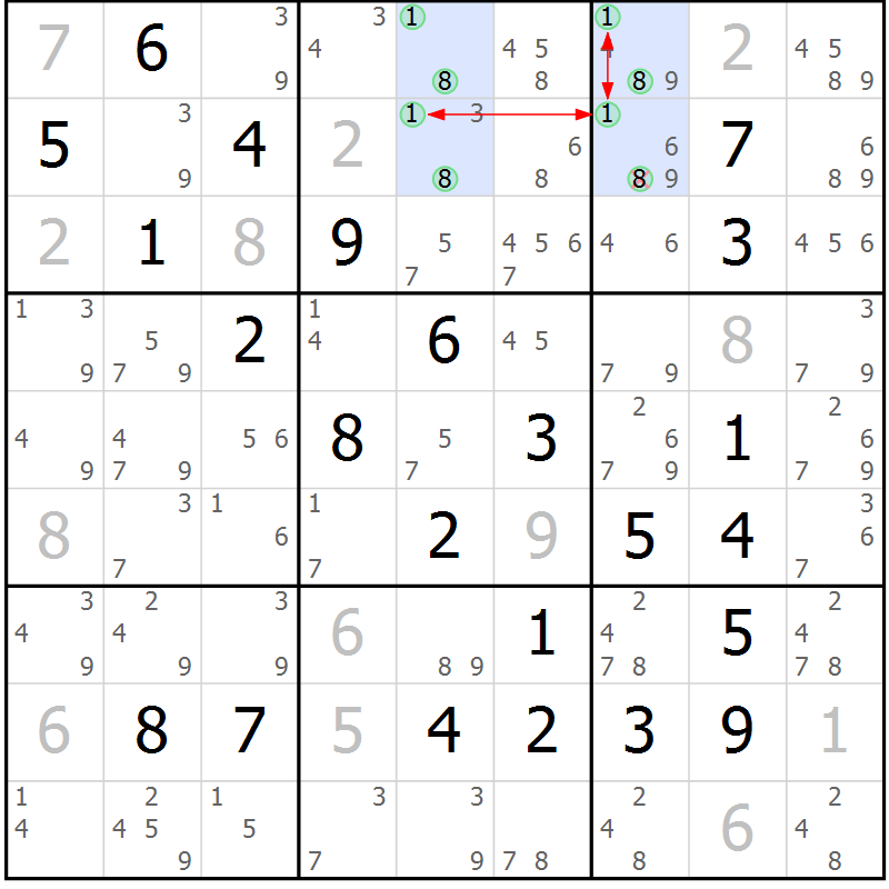 Position des candidats pour la solution de la Gr 81 page 84 du magazine de sudoku Maestro n° 097