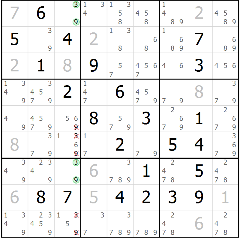 Position des candidats pour la solution de la Gr 81 page 84 du magazine de sudoku Maestro n° 097