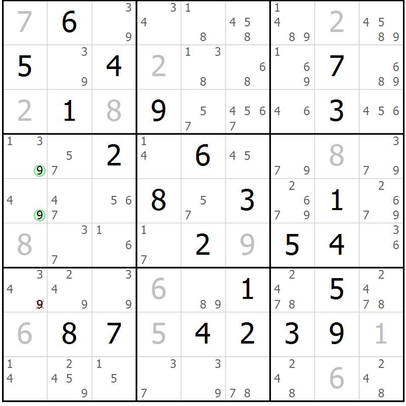Position des candidats pour la solution de la Gr 81 page 84 du magazine de sudoku Maestro n° 097