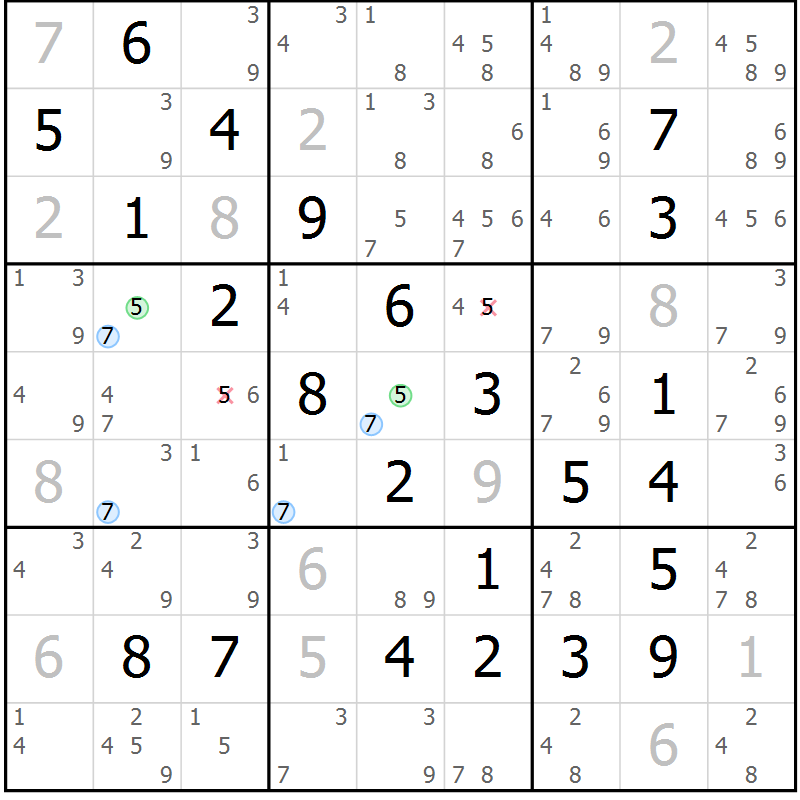 Position des candidats pour la solution de la Gr 81 page 84 du magazine de sudoku Maestro n° 097