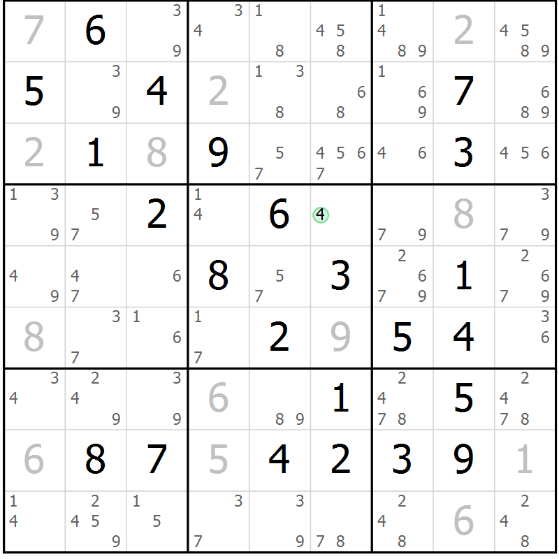 Position des candidats pour la solution de la Gr 81 page 84 du magazine de sudoku Maestro n° 097