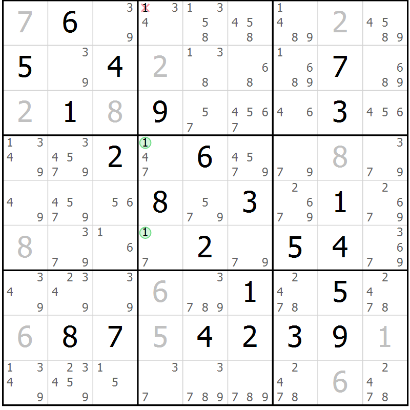 Position des candidats pour la solution de la Gr 81 page 84 du magazine de sudoku Maestro n° 097