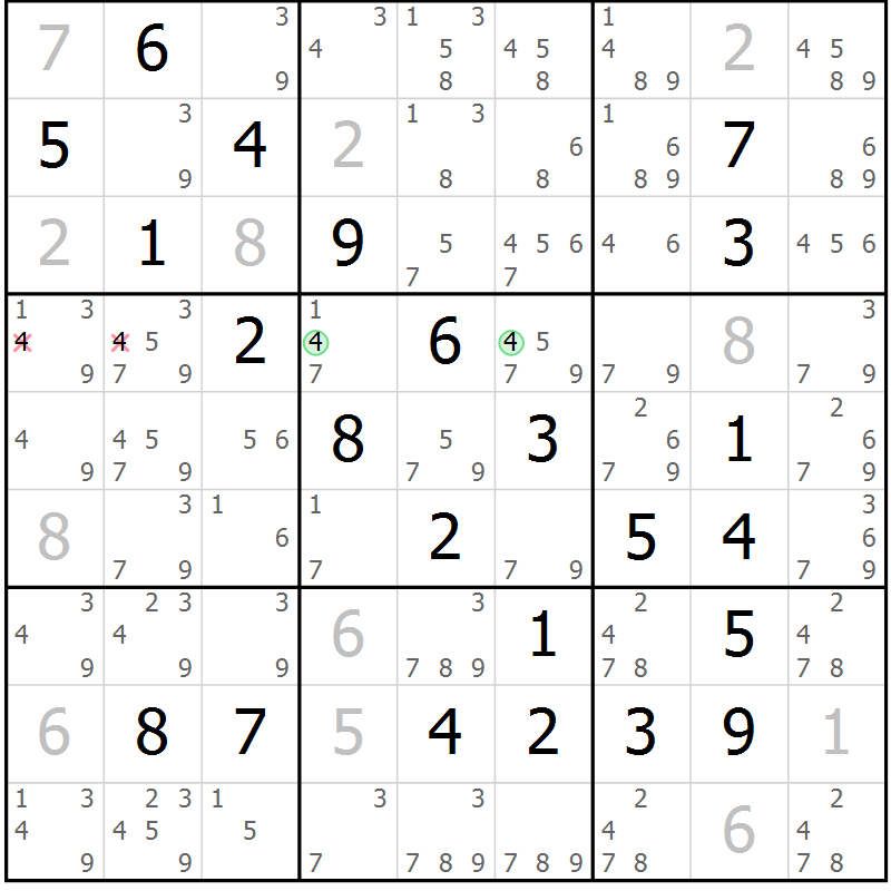 Position des candidats pour la solution de la Gr 81 page 84 du magazine de sudoku Maestro n° 097