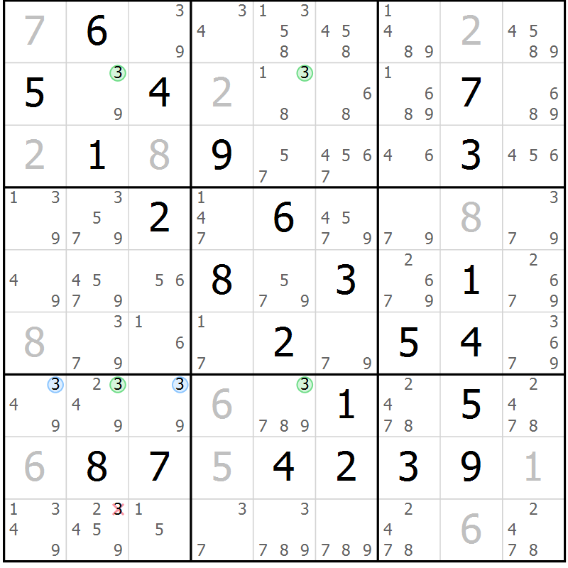 Position des candidats pour la solution de la Gr 81 page 84 du magazine de sudoku Maestro n° 097