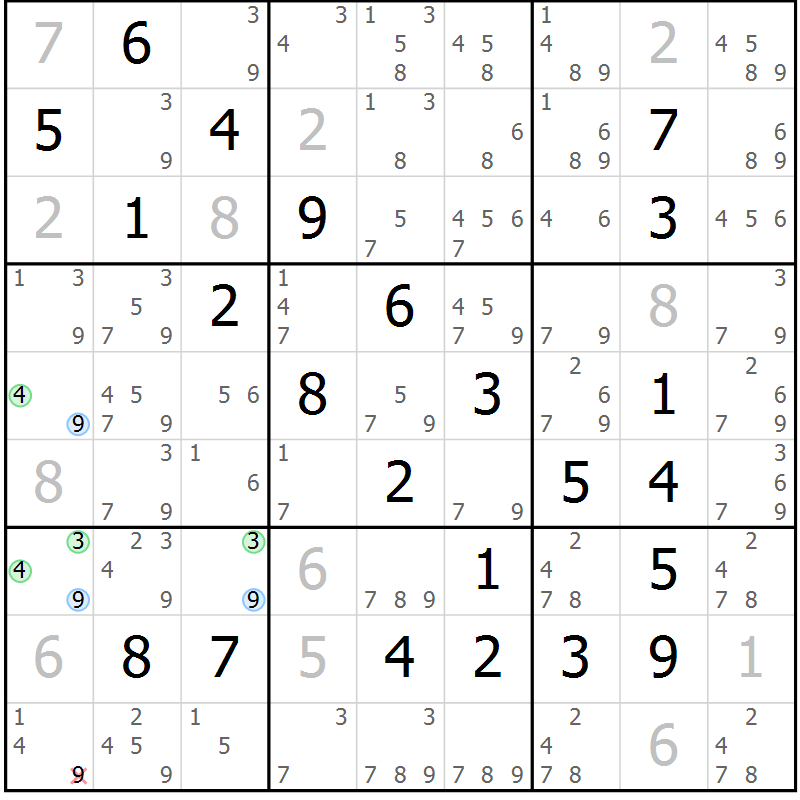 Position des candidats pour la solution de la Gr 81 page 84 du magazine de sudoku Maestro n° 097