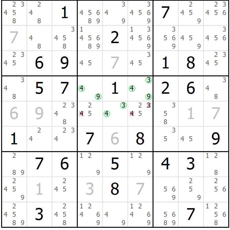 Position des candidats pour la solution de la Gr 82 page 85 du magazine de sudoku Maestro n° 097