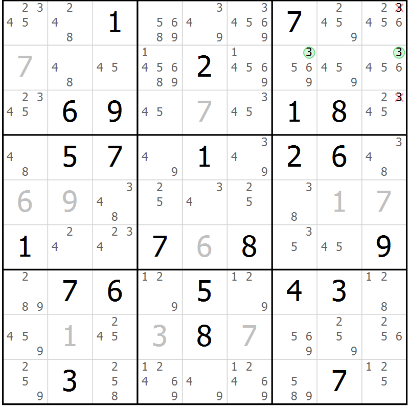 Position des candidats pour la solution de la Gr 82 page 85 du magazine de sudoku Maestro n° 097