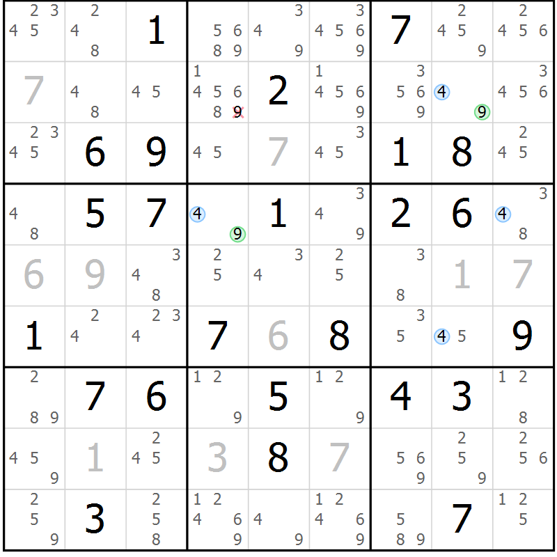 Position des candidats pour la solution de la Gr 82 page 85 du magazine de sudoku Maestro n° 097