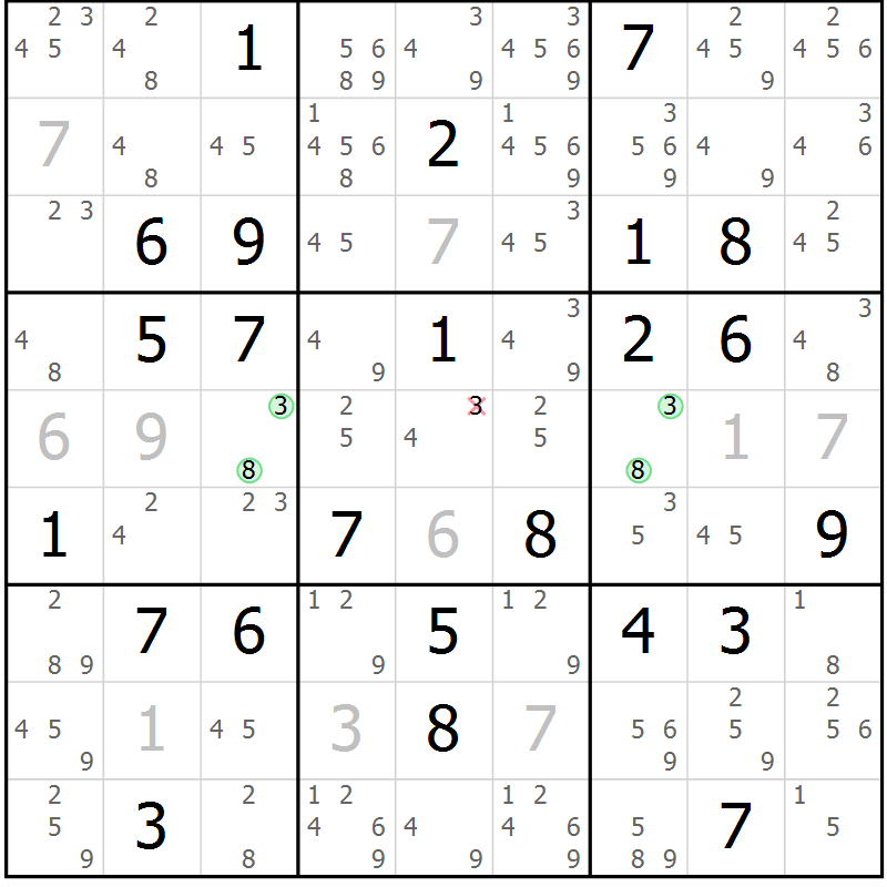 Position des candidats pour la solution de la Gr 82 page 85 du magazine de sudoku Maestro n° 097