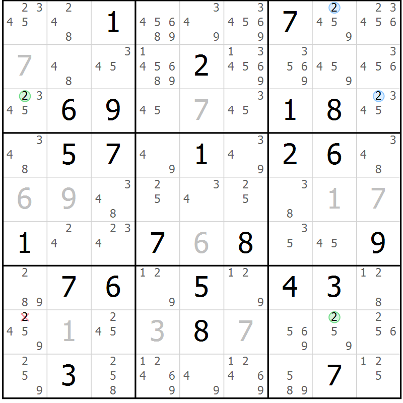Position des candidats pour la solution de la Gr 82 page 85 du magazine de sudoku Maestro n° 097