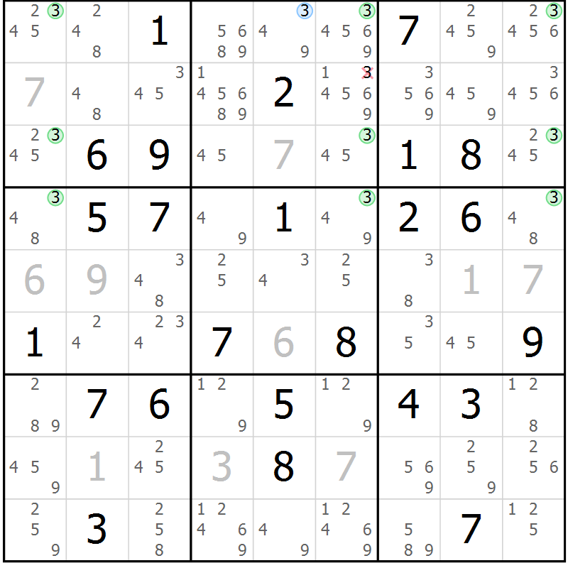 Position des candidats pour la solution de la Gr 82 page 85 du magazine de sudoku Maestro n° 097