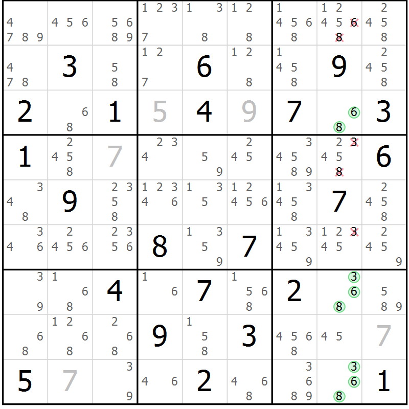 Position des candidats pour la solution de la Gr 83 page 86 du magazine de sudoku Maestro n° 097