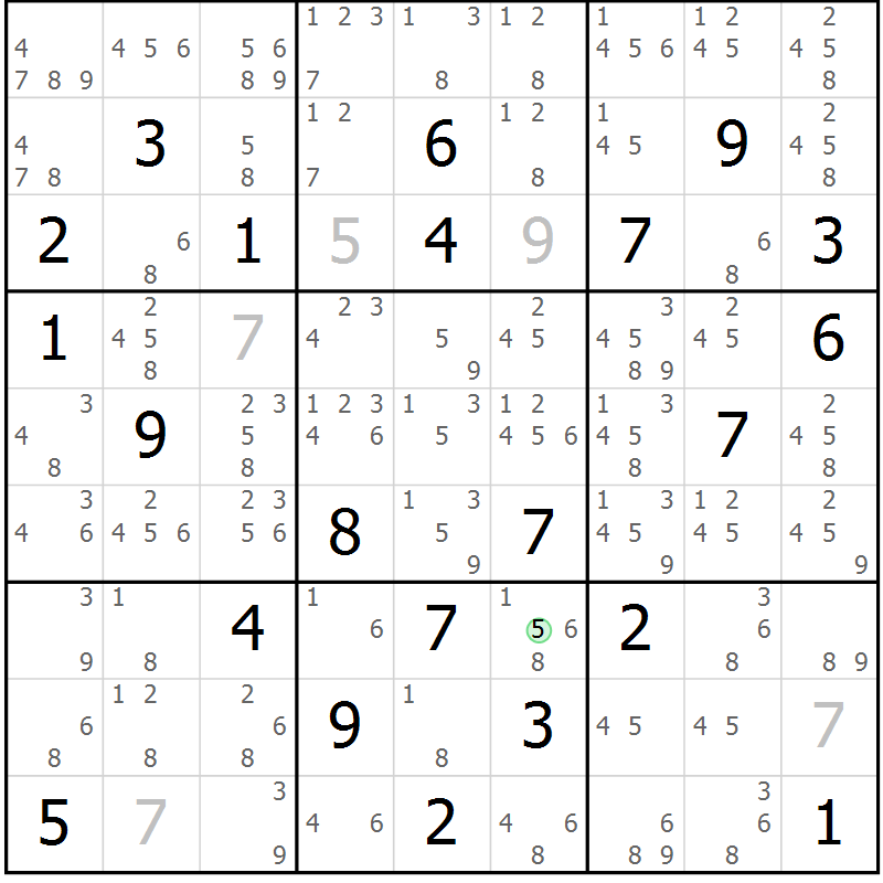 Position des candidats pour la solution de la Gr 83 page 86 du magazine de sudoku Maestro n° 097