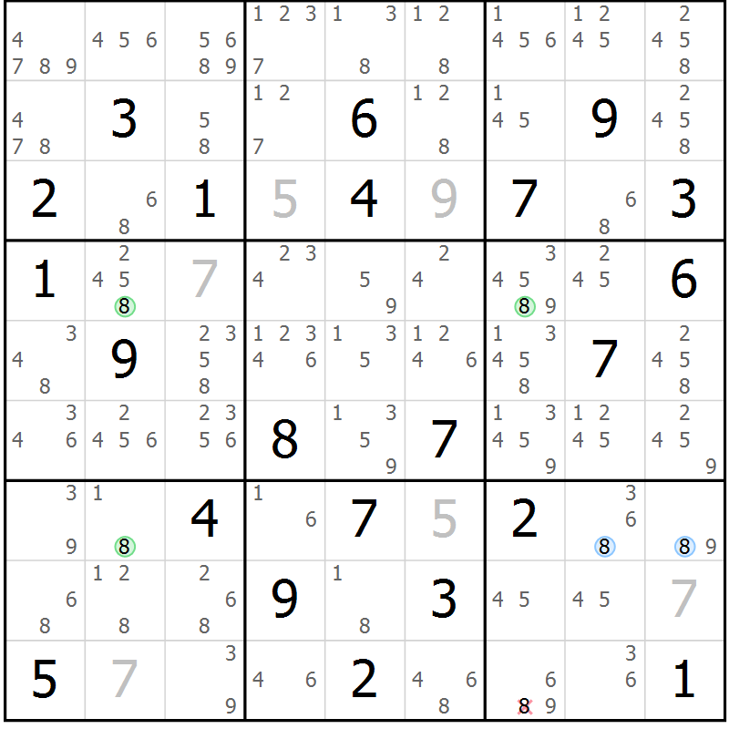 Position des candidats pour la solution de la Gr 83 page 86 du magazine de sudoku Maestro n° 097