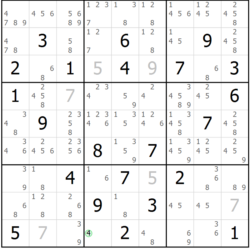 Position des candidats pour la solution de la Gr 83 page 86 du magazine de sudoku Maestro n° 097