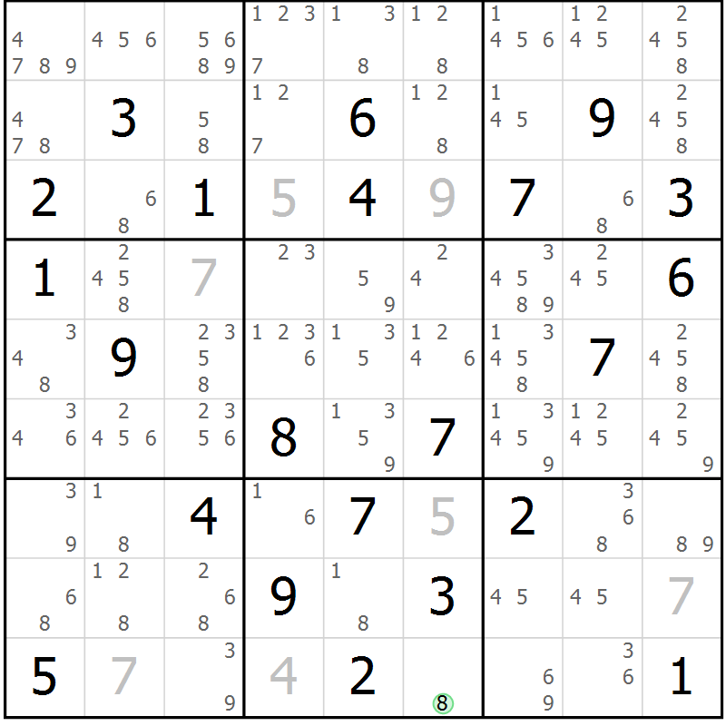 Position des candidats pour la solution de la Gr 83 page 86 du magazine de sudoku Maestro n° 097
