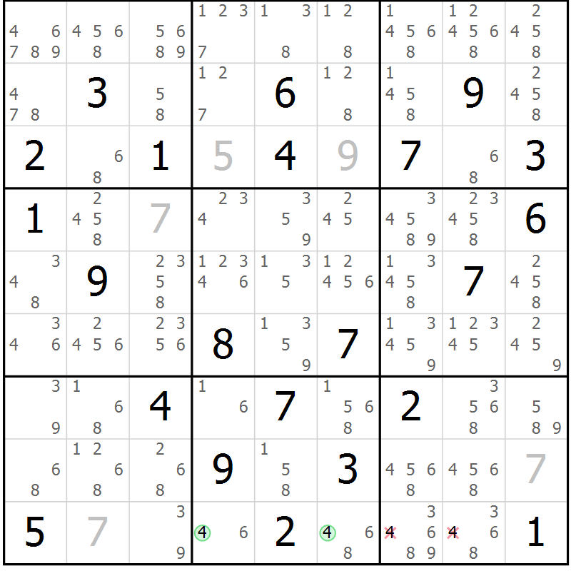 Position des candidats pour la solution de la Gr 83 page 86 du magazine de sudoku Maestro n° 097