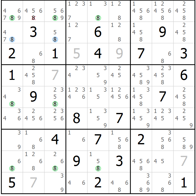 Position des candidats pour la solution de la Gr 83 page 86 du magazine de sudoku Maestro n° 097