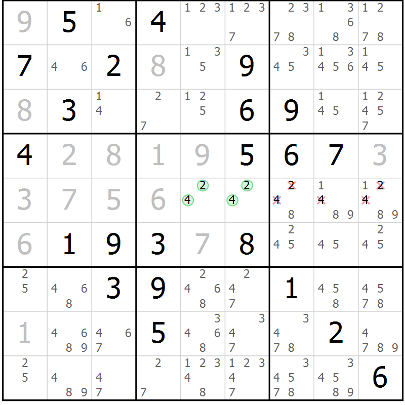 Position des candidats pour la solution de la Gr 84 page 87 du magazine de sudoku Maestro n° 097