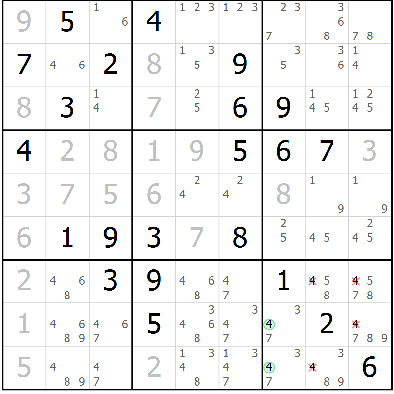 Position des candidats pour la solution de la Gr 84 page 87 du magazine de sudoku Maestro n° 097