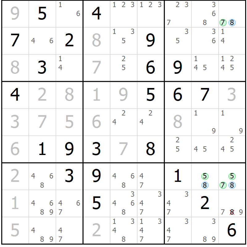 Position des candidats pour la solution de la Gr 84 page 87 du magazine de sudoku Maestro n° 097