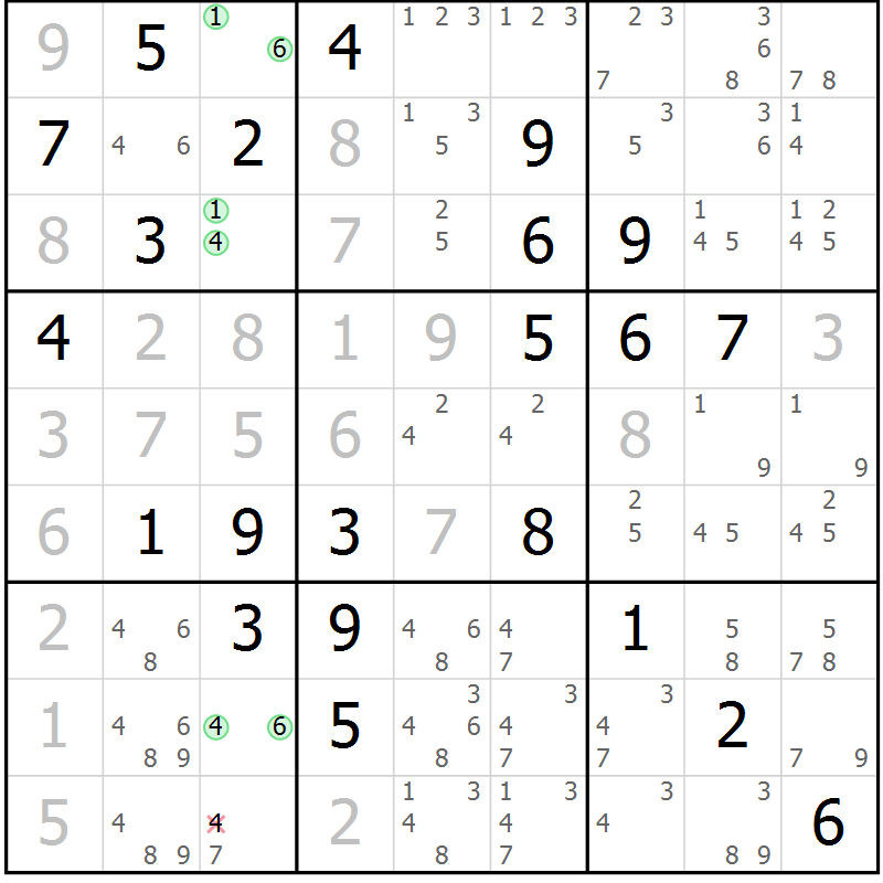 Position des candidats pour la solution de la Gr 84 page 87 du magazine de sudoku Maestro n° 097