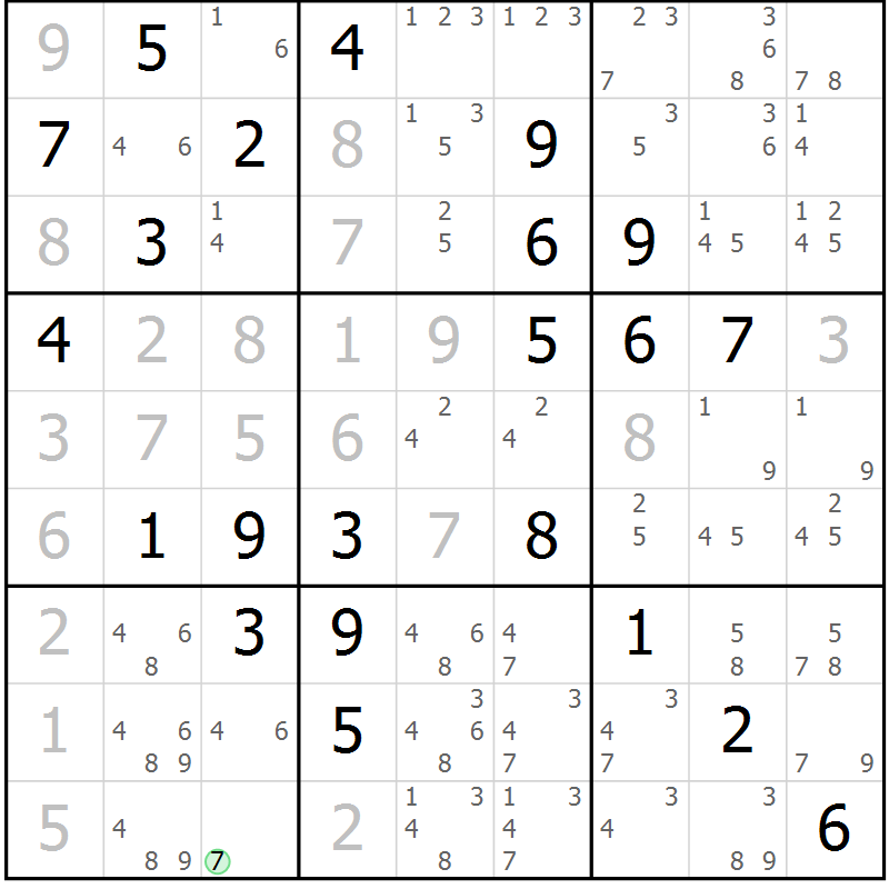 Position des candidats pour la solution de la Gr 84 page 87 du magazine de sudoku Maestro n° 097