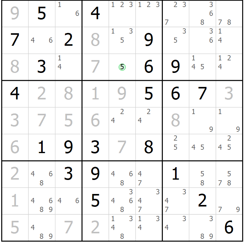 Position des candidats pour la solution de la Gr 84 page 87 du magazine de sudoku Maestro n° 097
