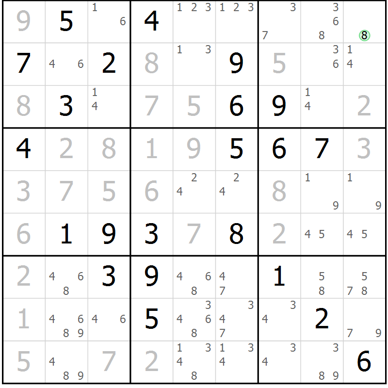 Position des candidats pour la solution de la Gr 84 page 87 du magazine de sudoku Maestro n° 097