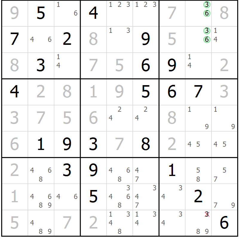 Position des candidats pour la solution de la Gr 84 page 87 du magazine de sudoku Maestro n° 097