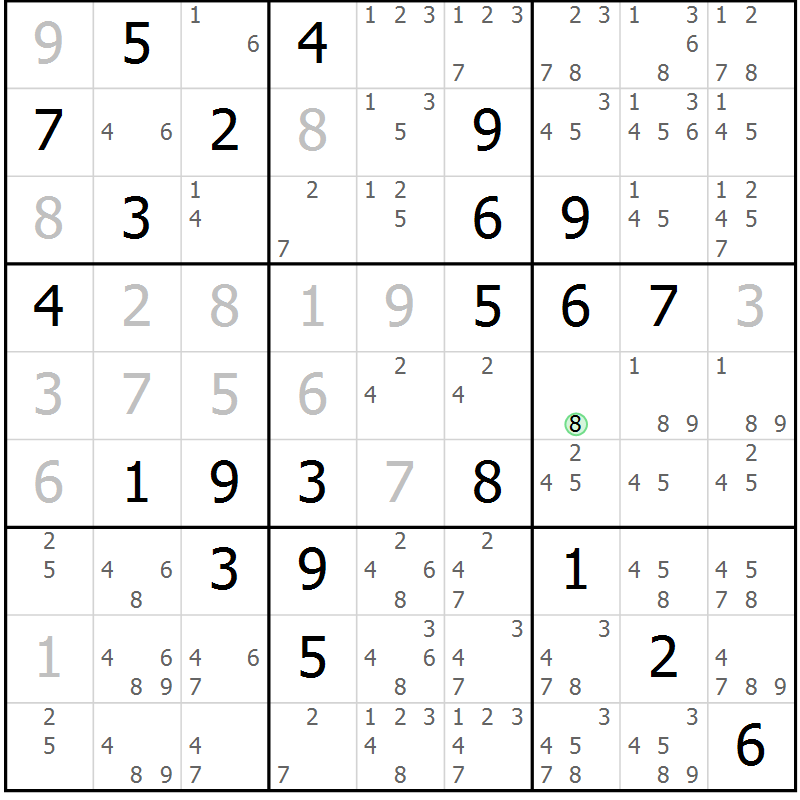 Position des candidats pour la solution de la Gr 84 page 87 du magazine de sudoku Maestro n° 097