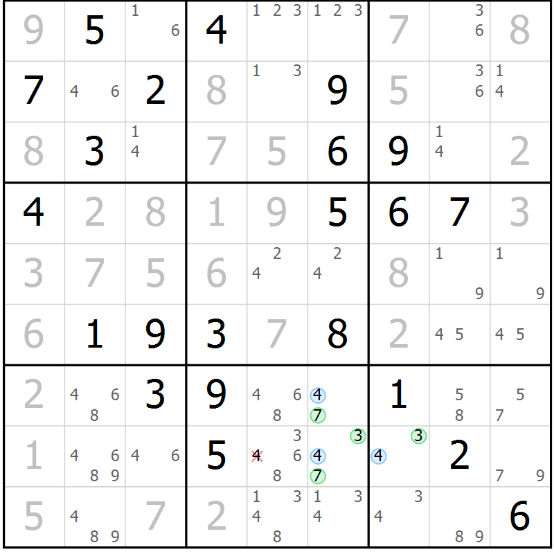 Position des candidats pour la solution de la Gr 84 page 87 du magazine de sudoku Maestro n° 097