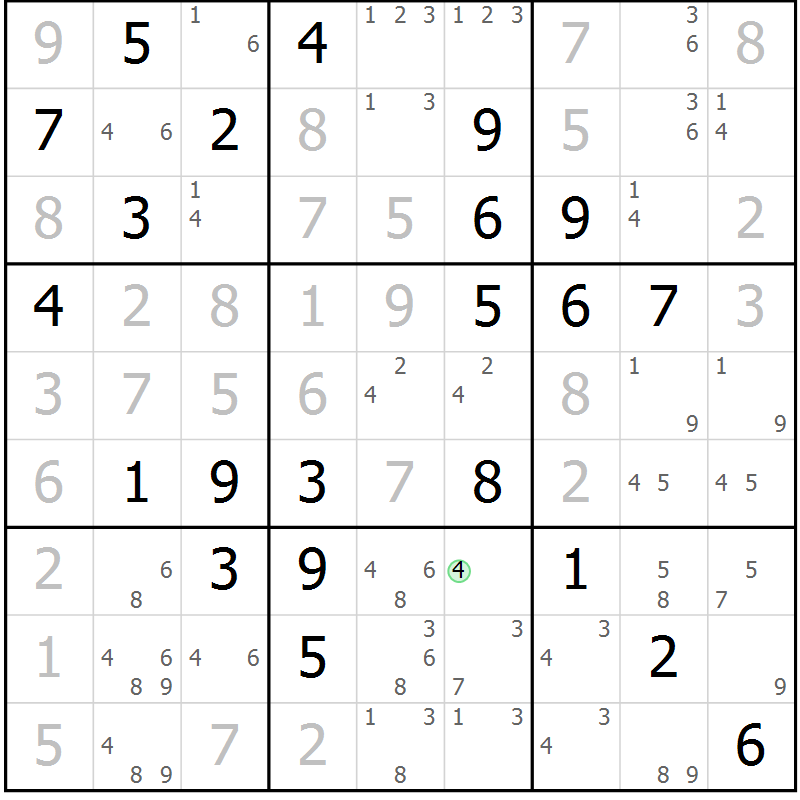 Position des candidats pour la solution de la Gr 84 page 87 du magazine de sudoku Maestro n° 097