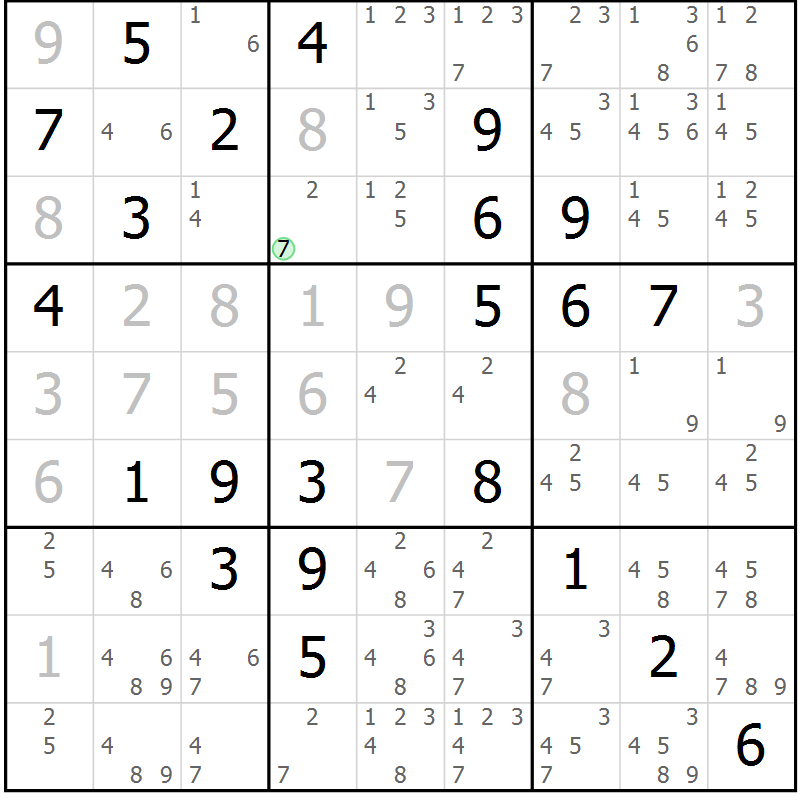 Position des candidats pour la solution de la Gr 84 page 87 du magazine de sudoku Maestro n° 097