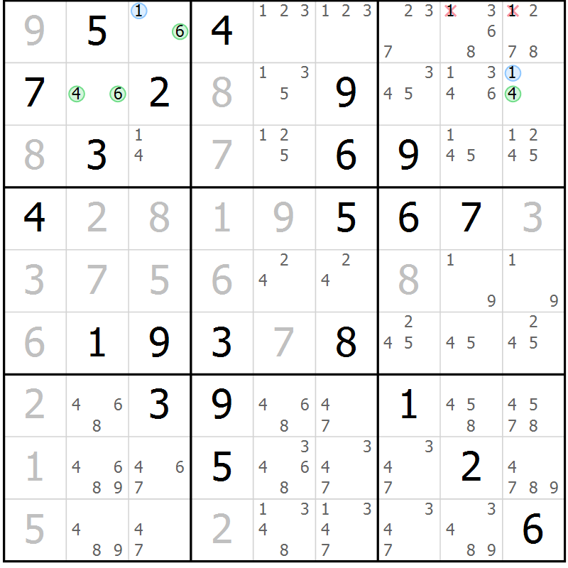 Position des candidats pour la solution de la Gr 84 page 87 du magazine de sudoku Maestro n° 097