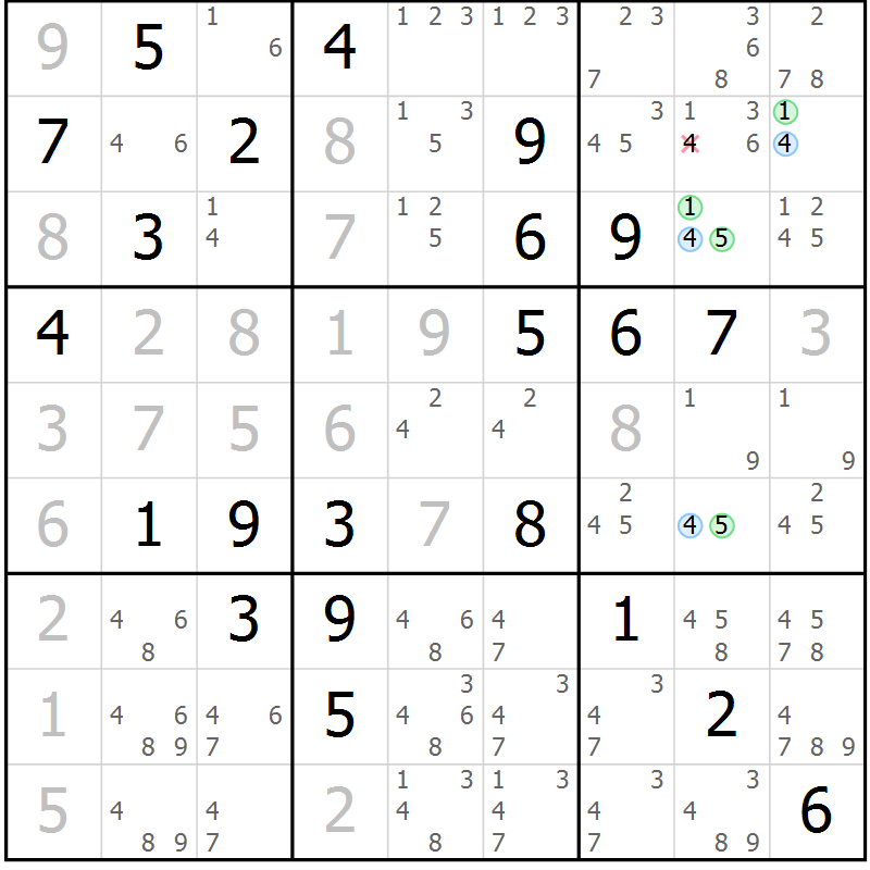 Position des candidats pour la solution de la Gr 84 page 87 du magazine de sudoku Maestro n° 097