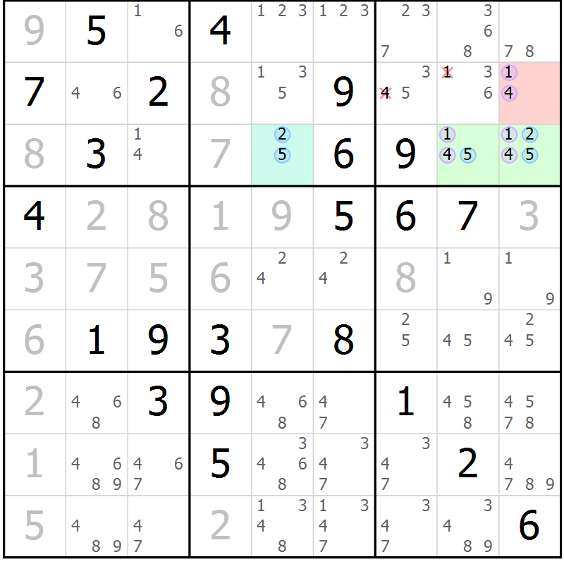 Position des candidats pour la solution de la Gr 84 page 87 du magazine de sudoku Maestro n° 097