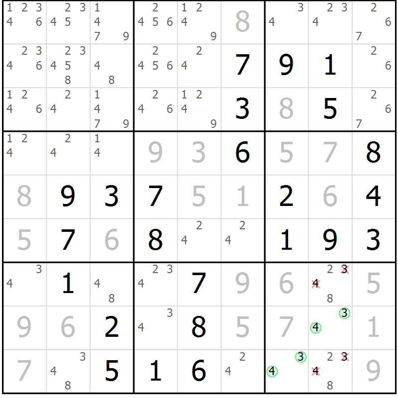 Position des candidats pour la solution de la Gr 9 page 12 du magazine de sudoku Maestro n° 097