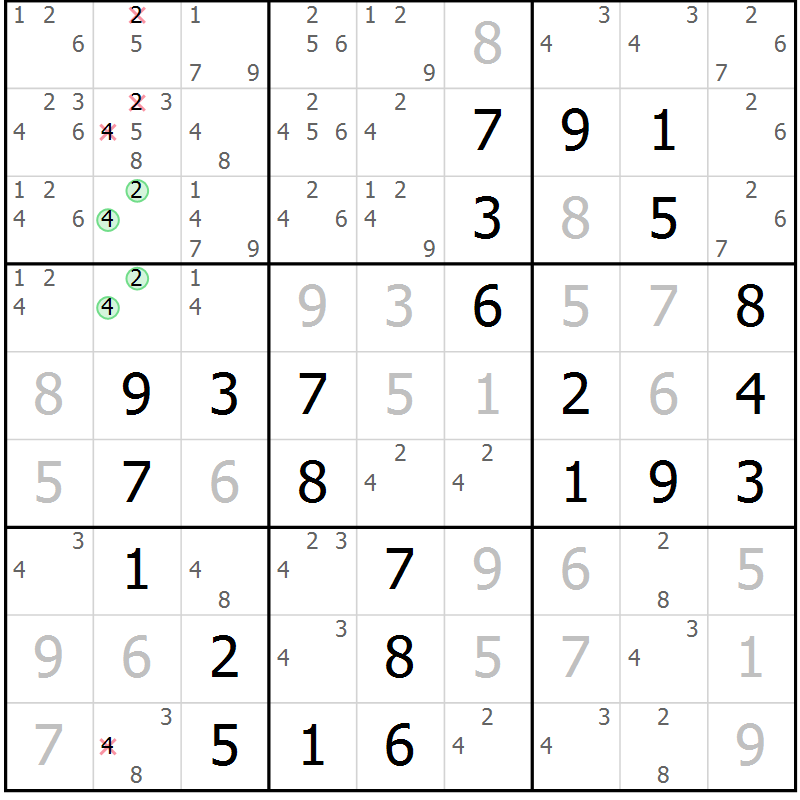 Position des candidats pour la solution de la Gr 9 page 12 du magazine de sudoku Maestro n° 097