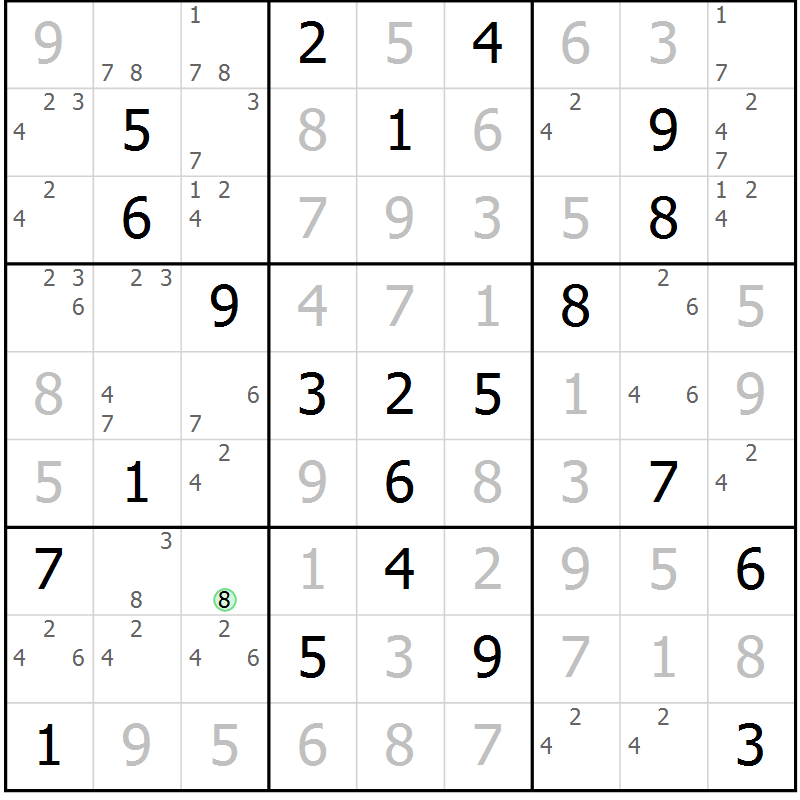 Position des candidats pour la solution de la Gr 10 page 13 du magazine de sudoku Maestro n° 099