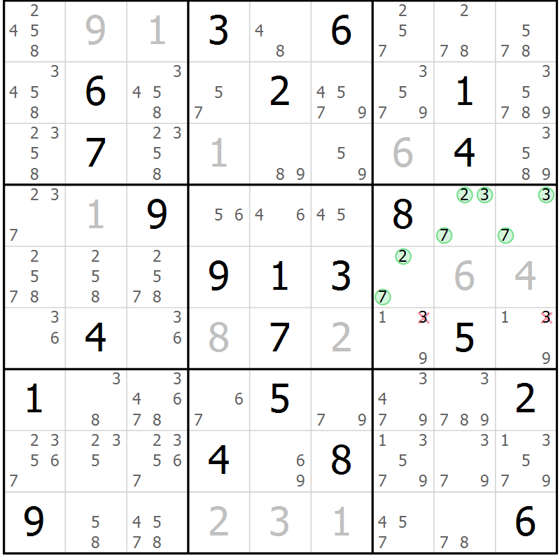 Position des candidats pour la solution de la Gr 13 page 16 du magazine de sudoku Maestro n° 099