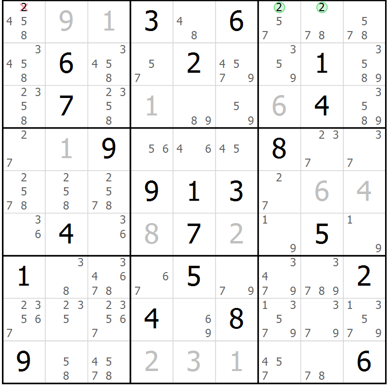 Position des candidats pour la solution de la Gr 13 page 16 du magazine de sudoku Maestro n° 099