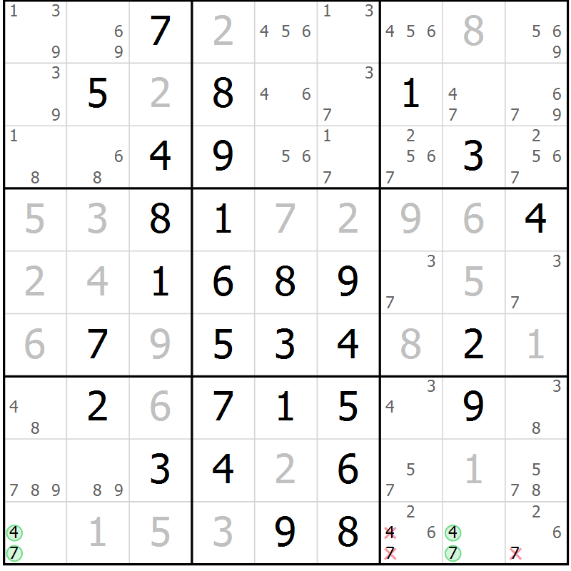 Position des candidats pour la solution de la Gr 16 page 19 du magazine de sudoku Maestro n° 099